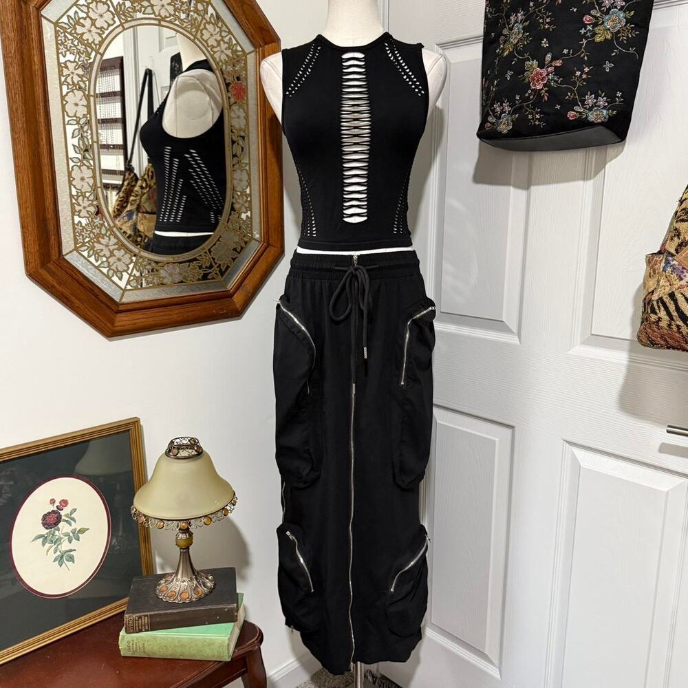 NWT Love Highlight Black Maxi Drawstring Alt Cargo Skirt w Working Zippers S - Picture 2 of 8